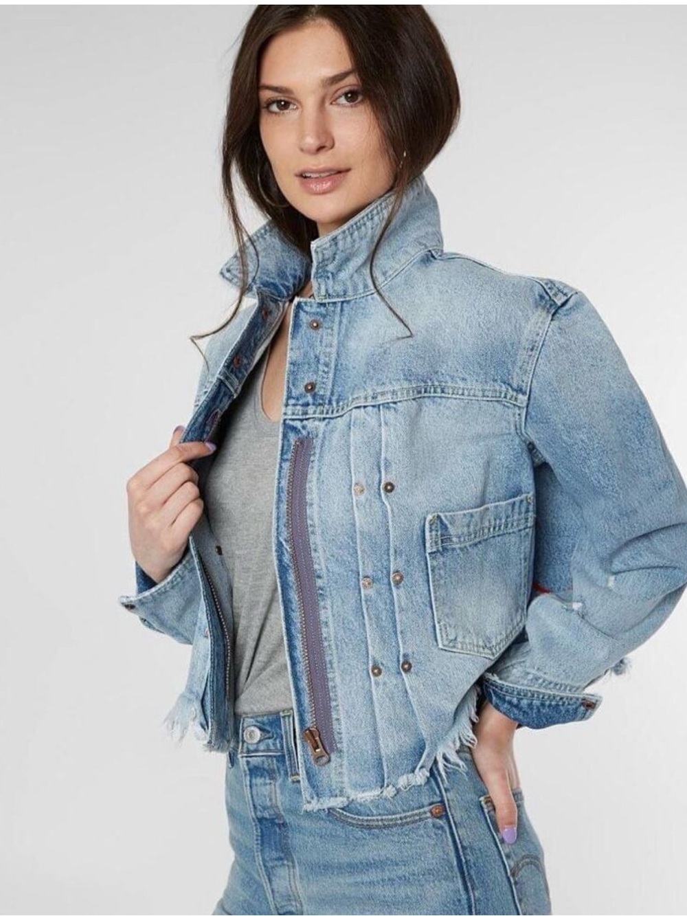 Free People-Light Wash Distressed Denim Jacket - Chic Cropped Style - Picture 2 of 16